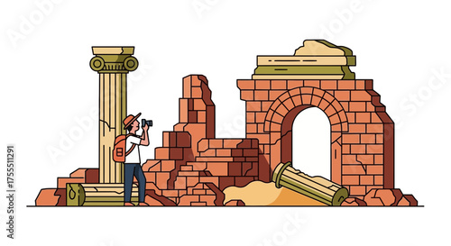 Tourist exploring ancient ruins taking photographs, illustration showcases historical exploration