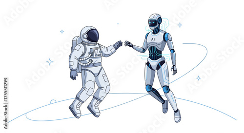 Astronaut and Robot Fist Bump in Space.