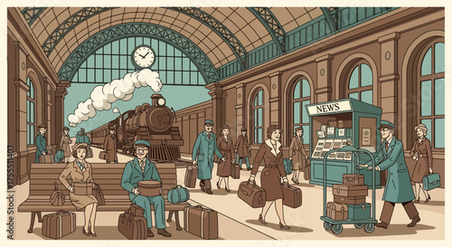 Vintage train station scene with travelers and steam train retro illustration style