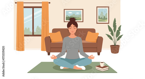 Woman practicing meditation in a cozy living room for relaxation and wellbeing