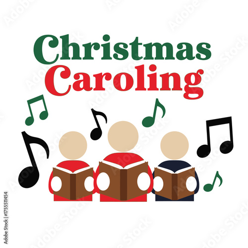 Christmas Caroling Group Singing Holiday Songs with Musical Notes.