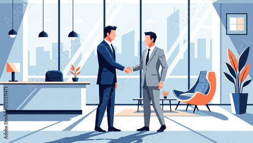 Business professionals shake hands in a modern office setting, symbolizing agreement and collaboration in a corporate environment