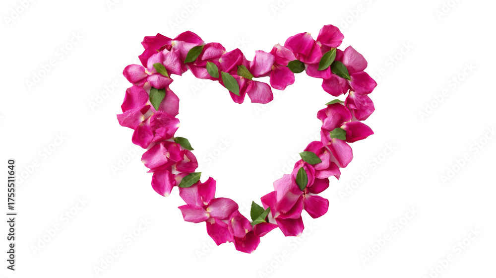Obraz premium Heart-shaped arrangement of vibrant pink flower petals with green leaves, creating a romantic and decorative element for celebrations, weddings, or special occasions
