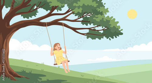 Joyful Childhood Moment: Girl Swinging Under Lush Tree in Sunny, Picturesque Landscape