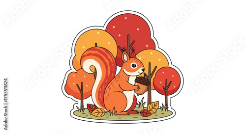 Cute cartoon squirrel holding an acorn in autumn forest.