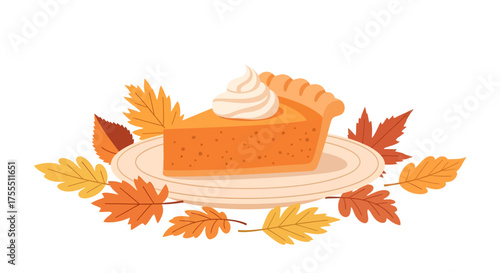 Delicious Slice of Pumpkin Pie with Whipped Cream and Autumn Leaves.