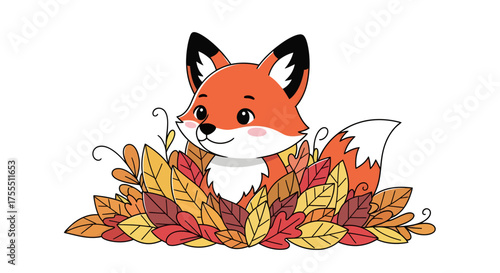 Cute cartoon fox peeking out from autumn leaves illustration.