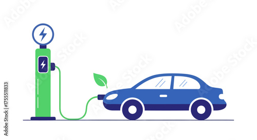 Electric car charging at a green charging station with a leaf symbol.