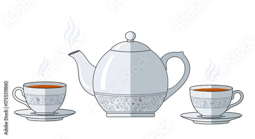 Elegant Teapot and Cups with Steaming Tea.