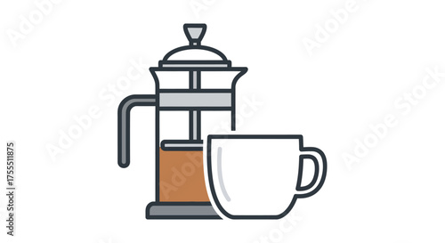 French Press Coffee Maker and Cup Illustration.