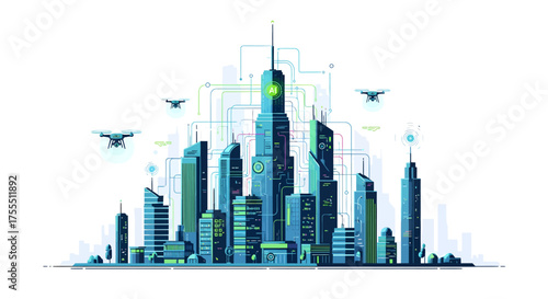 Futuristic Cityscape with Drones and Smart Technology.