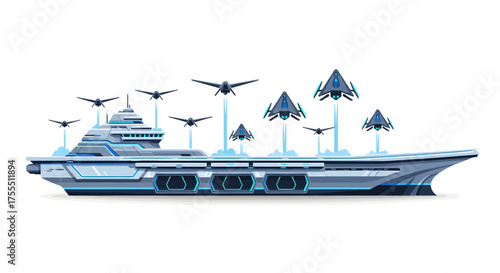 Futuristic Aircraft Carrier with Advanced Drones and Aircraft.