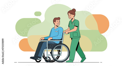 Kind Nurse Assists Patient In Wheelchair, Offering Support And Care In Healthcare Setting