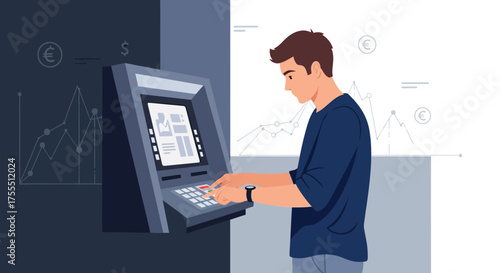 Man at ATM Machine: Banking, Finance, and Economic Transactions Illustrated Online
