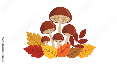 Group of Autumn Mushrooms and Colorful Leaves Illustration.