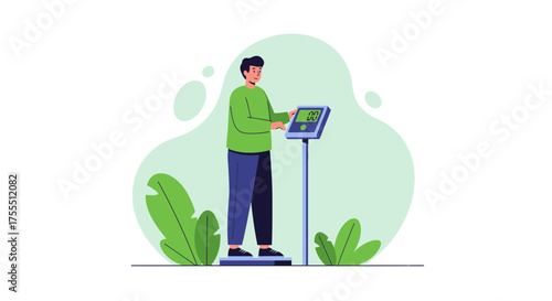Man Checking Weight on Electronic Scale in Minimalist Style Illustration, Health Concept