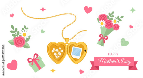 Heart Locket Necklace with Flowers and Gifts for Mothers Day Celebration.