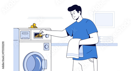Man Inserting Coins Into Washing Machine to Start Laundry Day Process Illustration