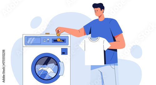 Man Inserting Coins Into Washing Machine While Holding a T-shirt For Laundry Illustration