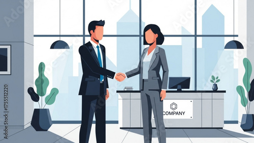 Business professionals shaking hands in a modern office setting, symbolizing agreement and cooperation for corporate success