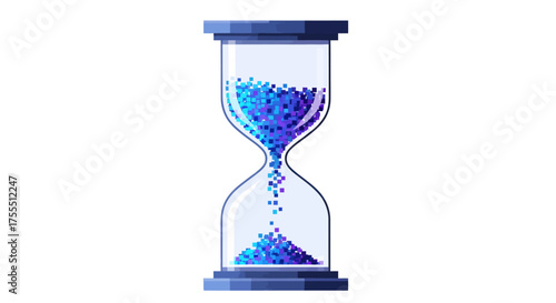 Hourglass with blue sand flowing down symbolizing time passing.