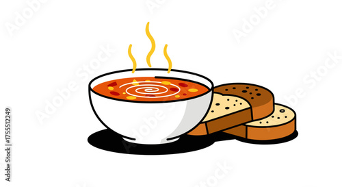 Hot Bowl of Soup with Slices of Bread.