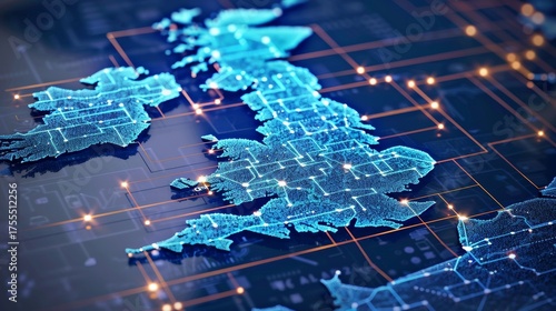 Futuristic technological map of great britain  an abstract vision of a digitally connected island