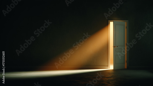 A minimalist conceptual interior scene showing a plain white door slightly ajar, a warm golden beam of light spilling softly into a dim neutral hallway