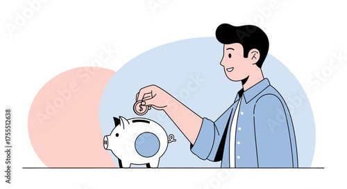 Man Saving Money Into Piggy Bank Showing Financial Growth and Investment Concept