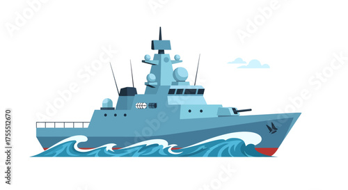 Modern Warship Sailing Through Wavy Ocean Waters.