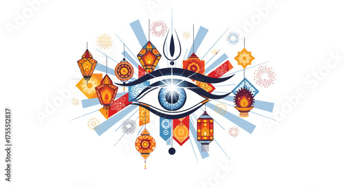 Mystical Eye Surrounded by Ornate Lanterns and Geometric Patterns.