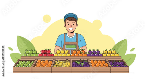 Friendly Fruit Vendor Displaying Fresh Produce and Ready to Serve Customers Cheerfully