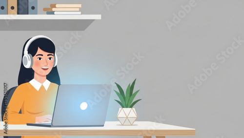 Woman working at her desk with headphones and laptop, plants with background color with working from home concept