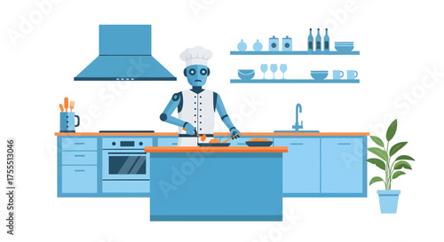 Robot chef cooking in a modern kitchen preparing a meal.
