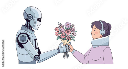 Robot giving flowers to a woman illustration.