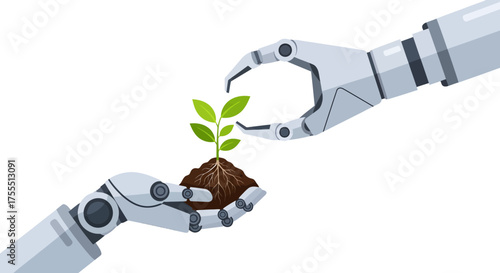 Robot hands nurturing a small plant symbolizing future growth and technology.