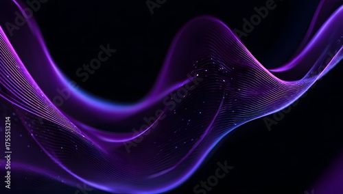 Abstract flowing luminous purple and blue wave patterns with shimmering particles against a dark background creating a sense of digital motion and energy