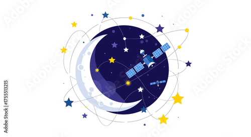 Satellite orbiting the moon and stars in the night sky.