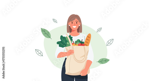 Happy Lady Carrying Grocery Bag With Fresh Vegetables And A Loaf Of Bread.