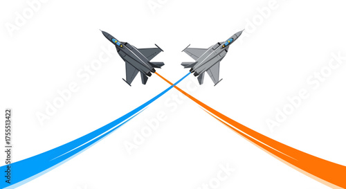 Two fighter jets in aerial combat with colorful smoke trails.