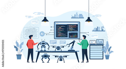 Two people working on robots and drones in a technology lab.