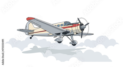 Vintage airplane flying gracefully through the sky above clouds.