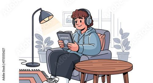 Young Person Reading a Book While Listening to Music with Headphones.