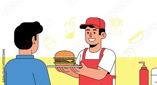 Illustration of fast food worker serving a hamburger with soda and fries to the customer