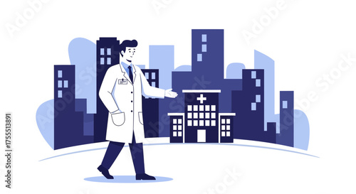 Medical Professional Presenting Front View Of Hospital Building With City Background