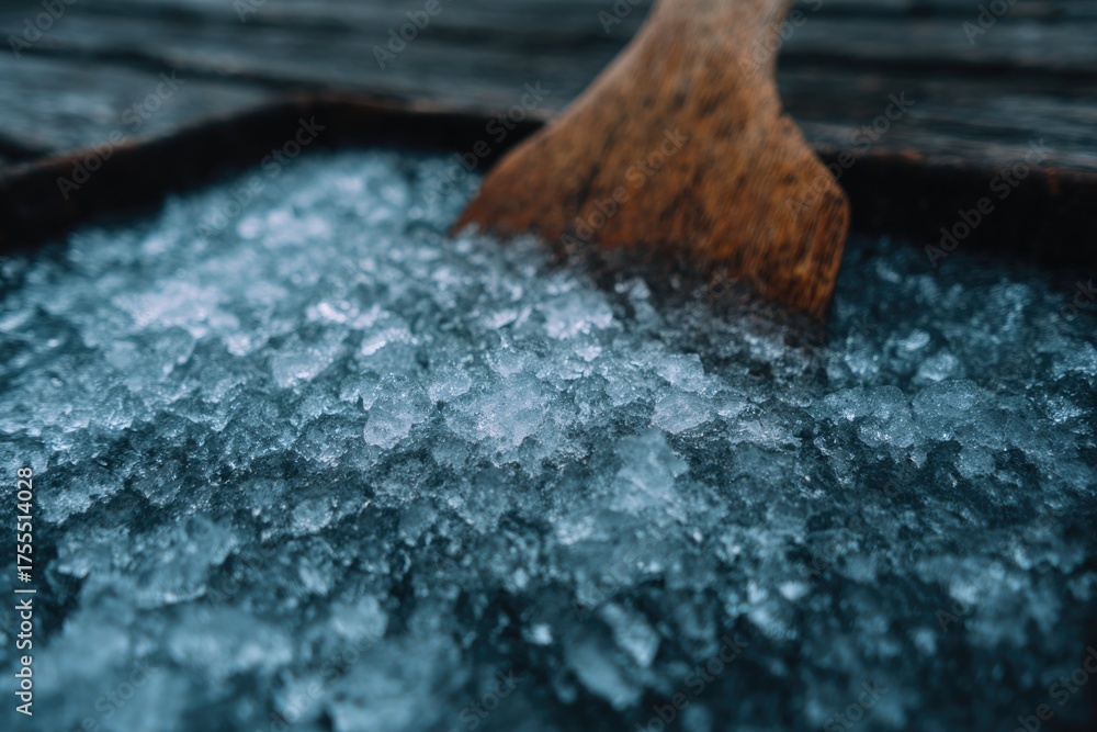 Fototapeta premium Ice crystals glisten in wooden bowl, inviting refreshing cold th