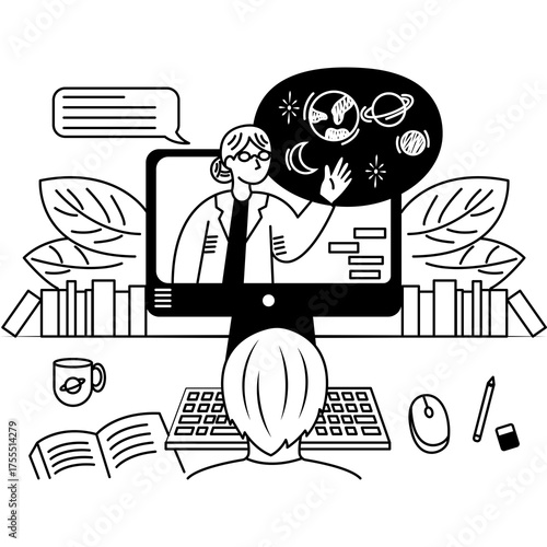 Online Astronomy Lesson Computer Screen Showing Teacher Explaining Planets and Celestial Bodies With Student Watching From Behind A Desk With Books Keyboard and Mouse.