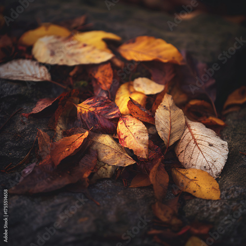 Autumn leaves on dark forest ground illuminated by soft light