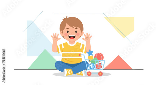 Joyful Child Shows Hands With Enthusiasm While Playing With Colorful Toys