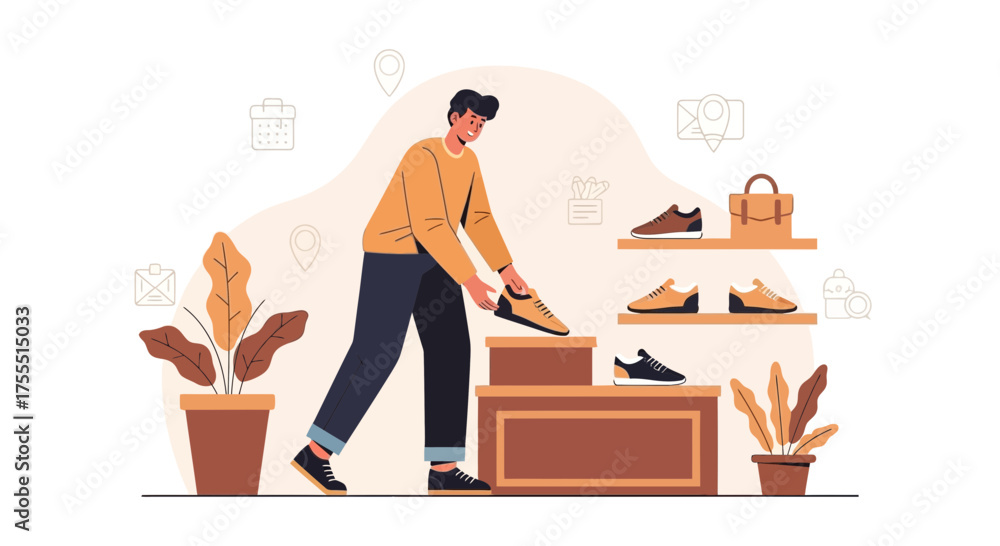 Fototapeta premium Man Arranging Sneakers In A Shoe Store Display, Ready For Customers To Inspect And Purchase